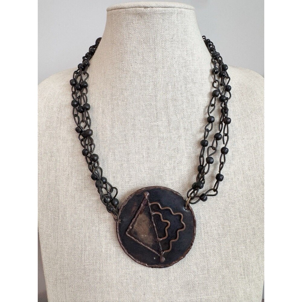 Vintage Modernist Brutalist Artisan Metal Chunky Necklace Abstract Primitive